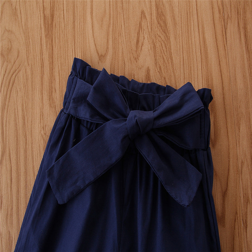 Girls Red & Navy Blue Flutter Sleeves Pure Cotton Top With Joggers