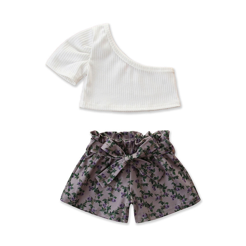 Girls White & Purple One Shoulder Pure Cotton Top With Printed Shorts