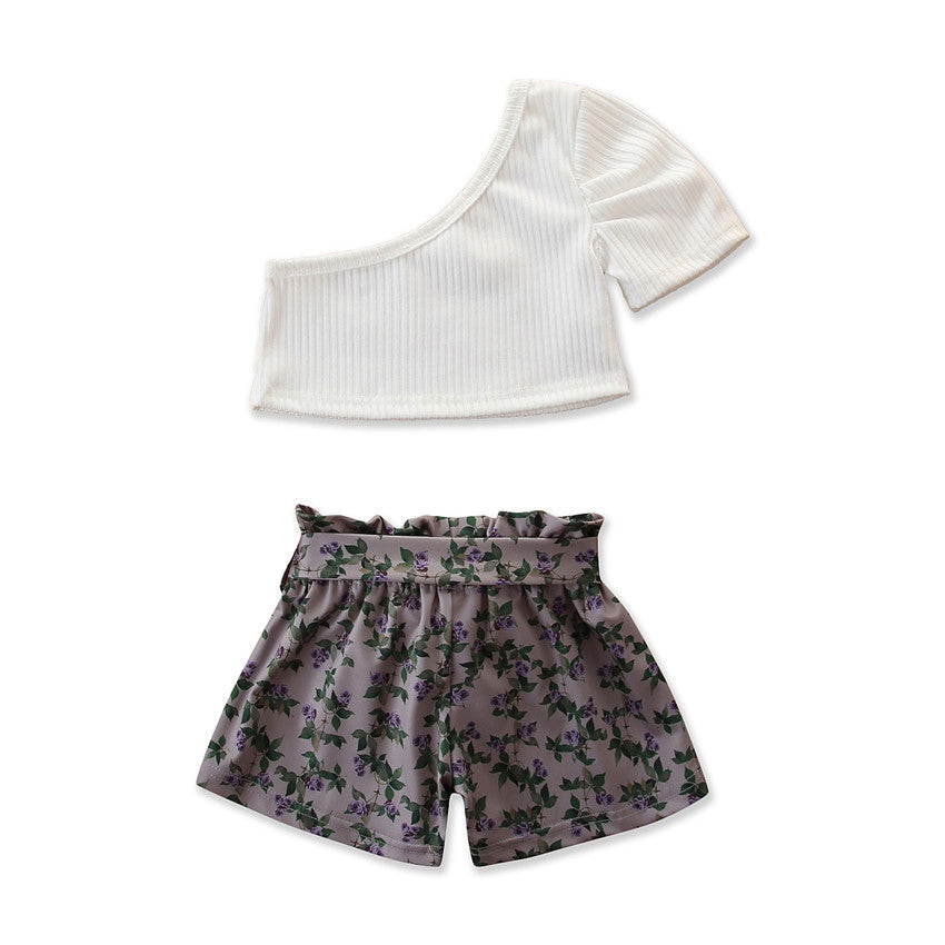 Girls White & Purple One Shoulder Pure Cotton Top With Printed Shorts