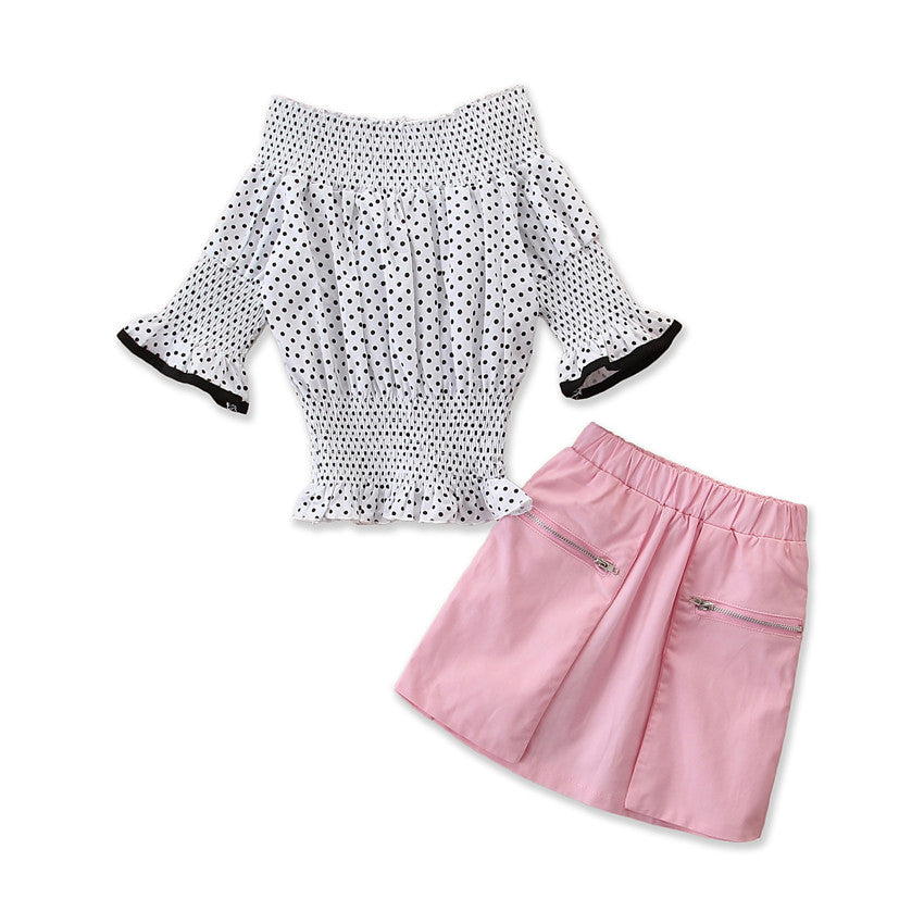 Girls White & Pink Printed Smocked Top With Skirt