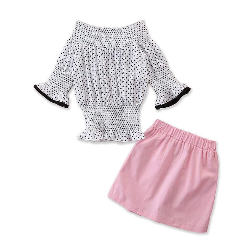 Girls White & Pink Printed Smocked Top With Skirt