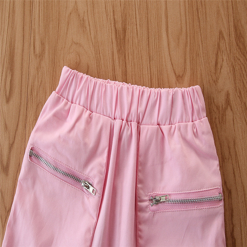Girls White & Pink Printed Smocked Top With Skirt