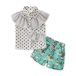 Girls Green Polka Dots Printed Shirt Collar Ruffled Top with Shorts
