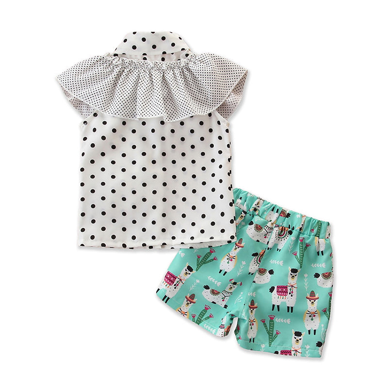 Girls Green Polka Dots Printed Shirt Collar Ruffled Top with Shorts
