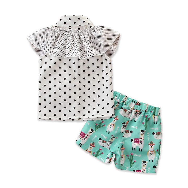Girls Green Polka Dots Printed Shirt Collar Ruffled Top with Shorts