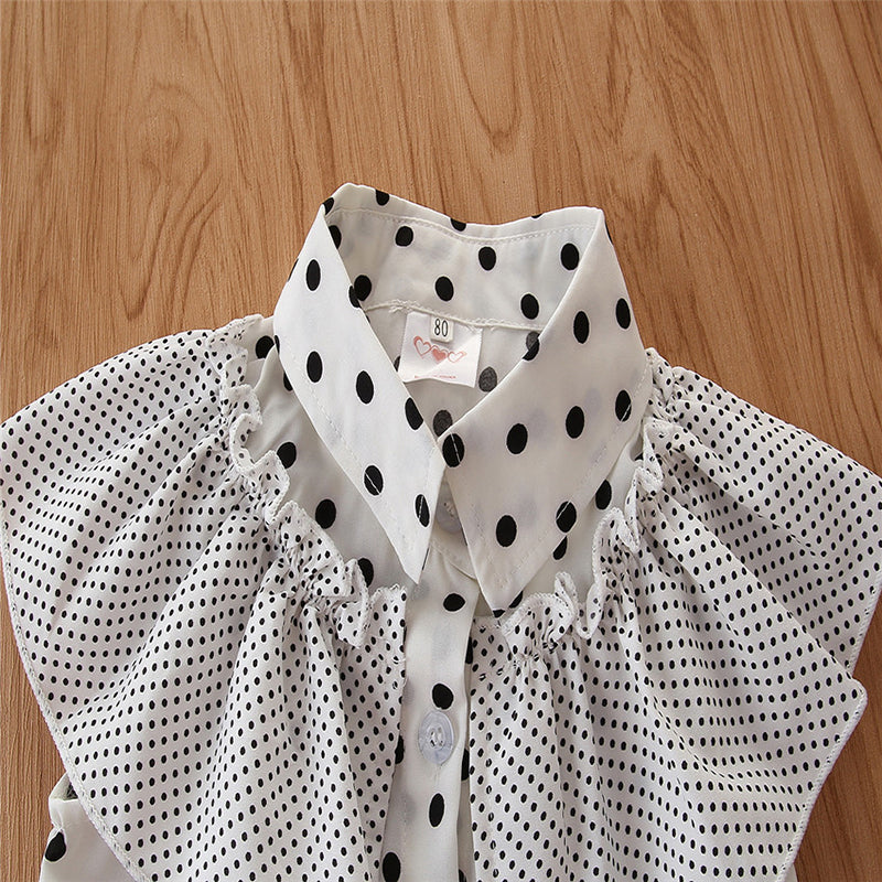 Girls Green Polka Dots Printed Shirt Collar Ruffled Top with Shorts