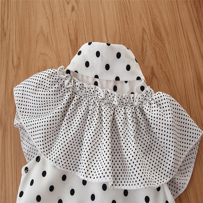 Girls Green Polka Dots Printed Shirt Collar Ruffled Top with Shorts