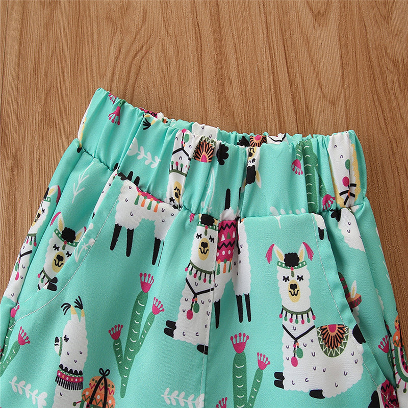 Girls Green Polka Dots Printed Shirt Collar Ruffled Top with Shorts