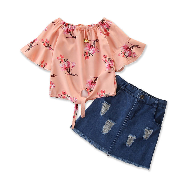 Girls Pink Printed Top with Skirt