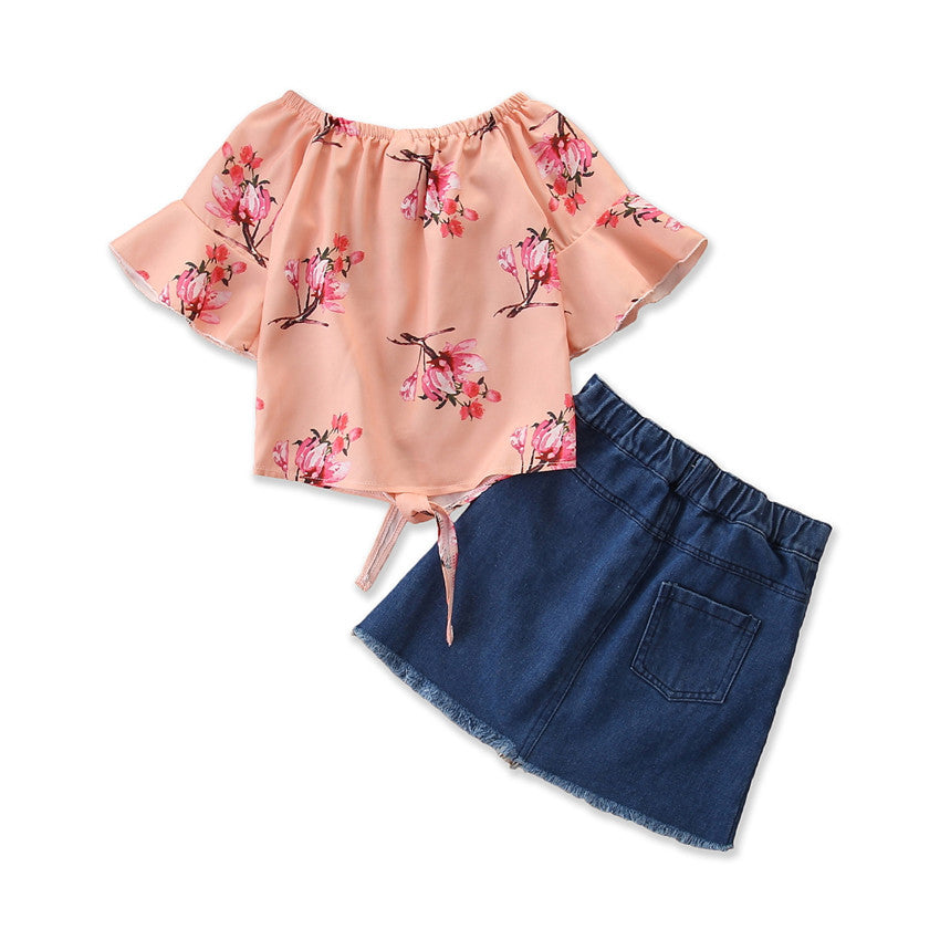 Girls Pink Printed Top with Skirt