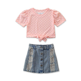 Girls Pink & Blue Printed Top With Skirt
