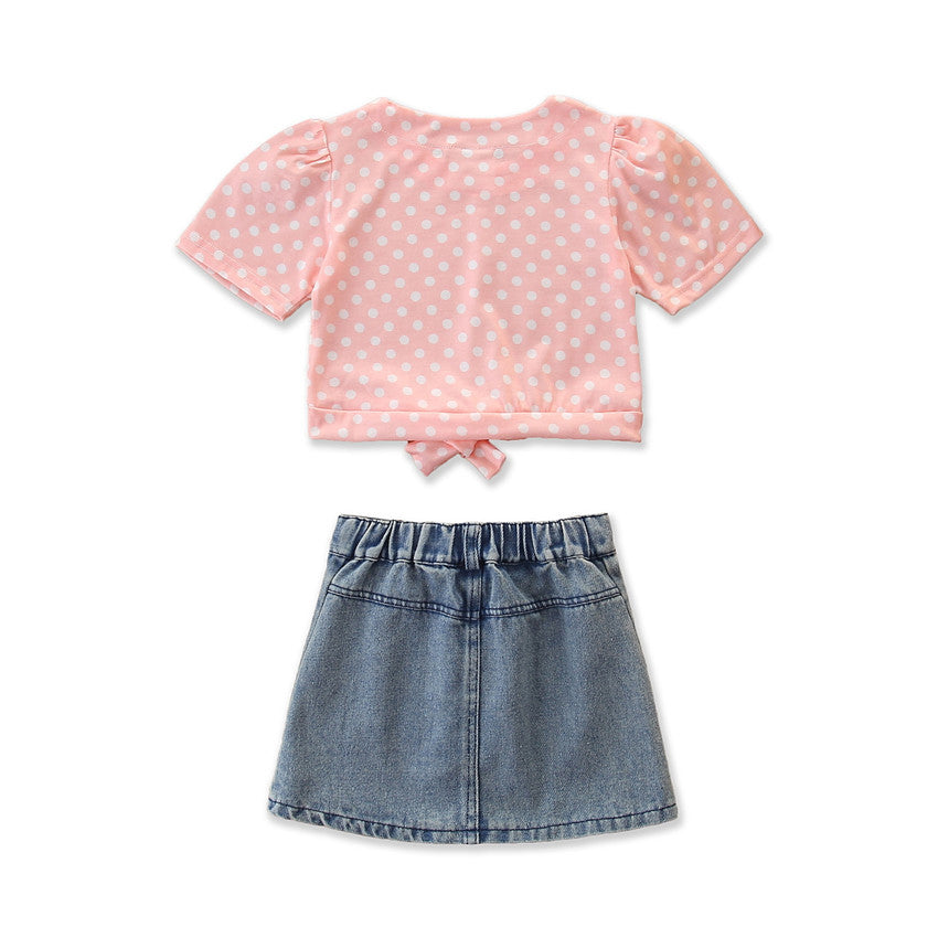 Girls Pink & Blue Printed Top With Skirt