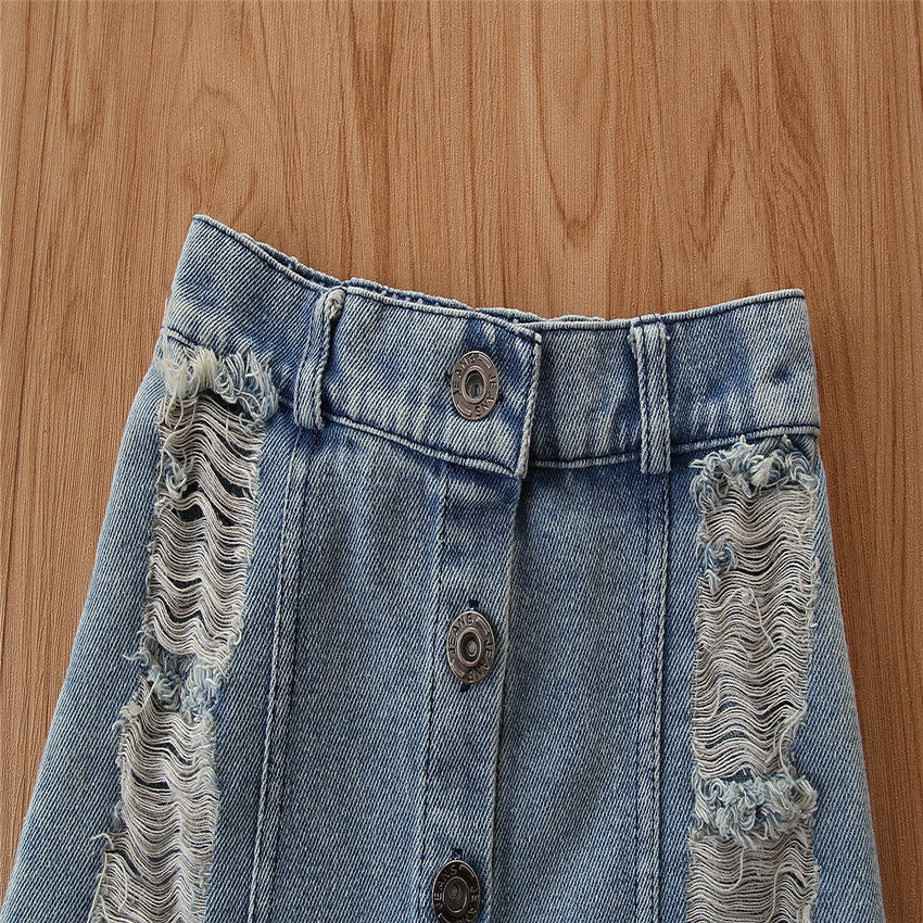 Girls Pink & Blue Printed Top With Skirt
