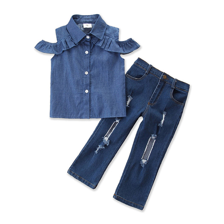 Girls Blue Ruffled Shirt Style Top With Trousers
