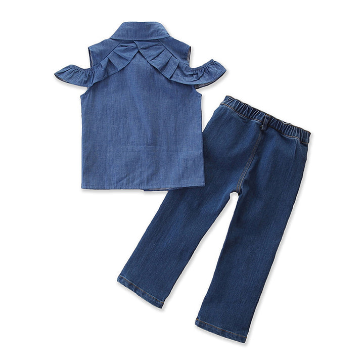 Girls Blue Ruffled Shirt Style Top With Trousers