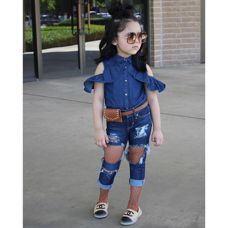 Girls Blue Ruffled Shirt Style Top With Trousers