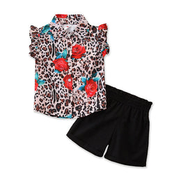 Girls Brown & Black Printed Shirt With Shorts