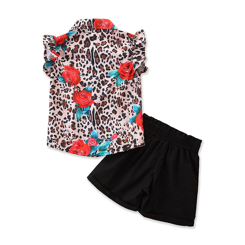Girls Brown & Black Printed Shirt With Shorts