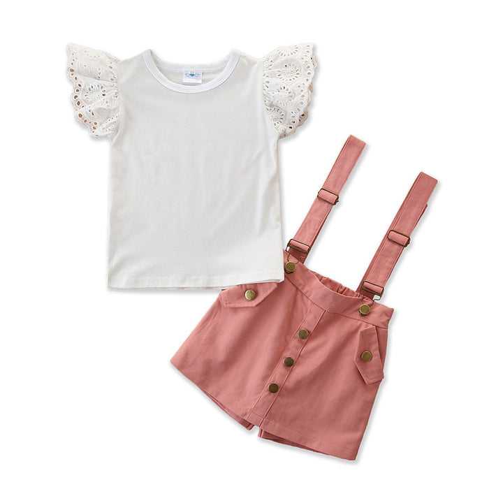 Girls White Top & Shorts With Attached Suspenders