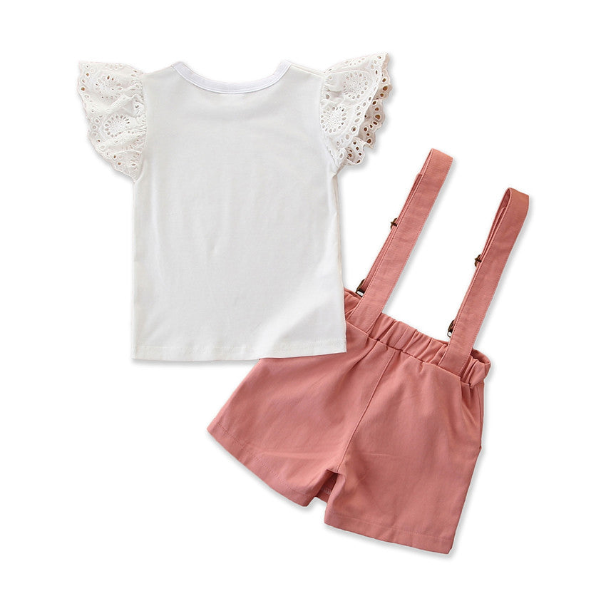 Girls White Top & Shorts With Attached Suspenders