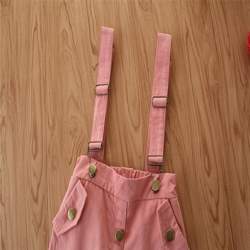 Girls White Top & Shorts With Attached Suspenders