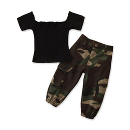 Girls Black Camouflage Printed Top With Trousers