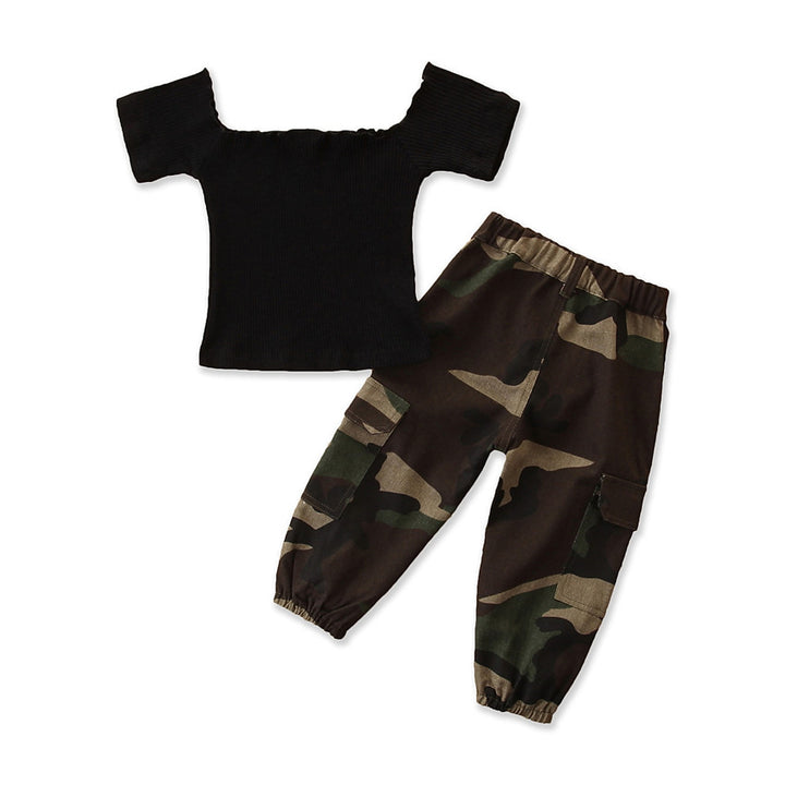 Girls Black Camouflage Printed Top With Trousers