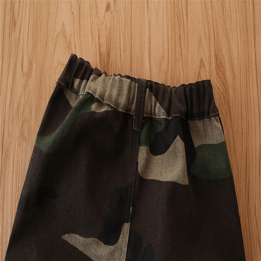 Girls Black Camouflage Printed Top With Trousers