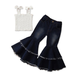 Girls White & Navy Blue Self Design Top With Flared Jeans