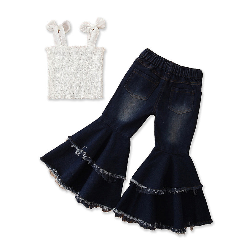 Girls White & Navy Blue Self Design Top With Flared Jeans
