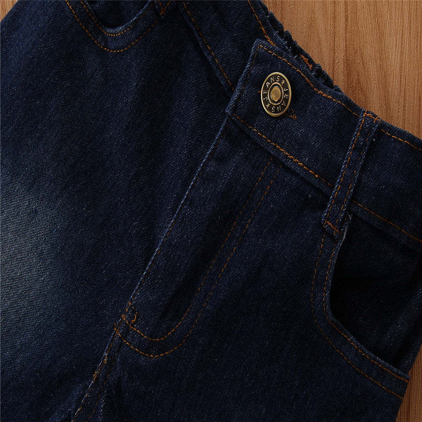 Girls White & Navy Blue Self Design Top With Flared Jeans