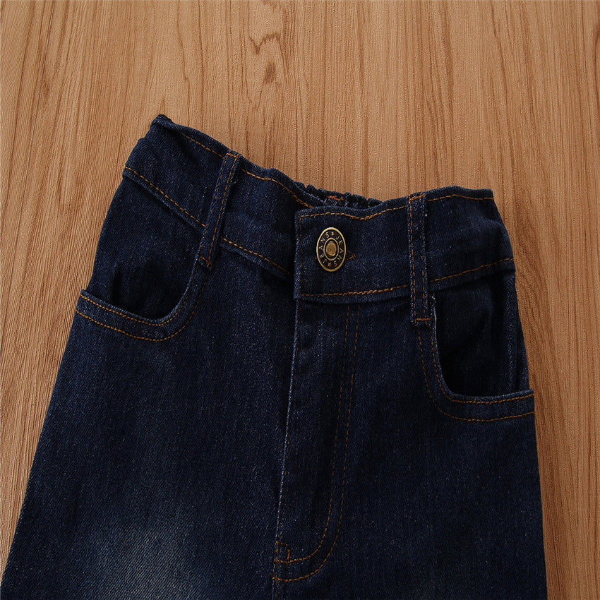 Girls White & Navy Blue Self Design Top With Flared Jeans