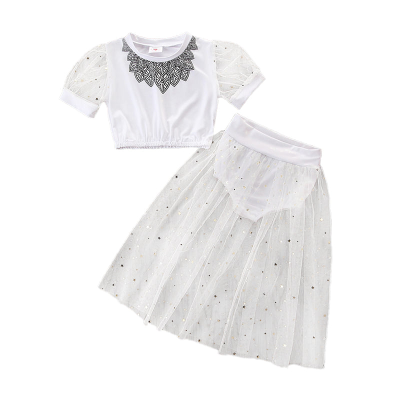 Girls White Printed Top with Skirt