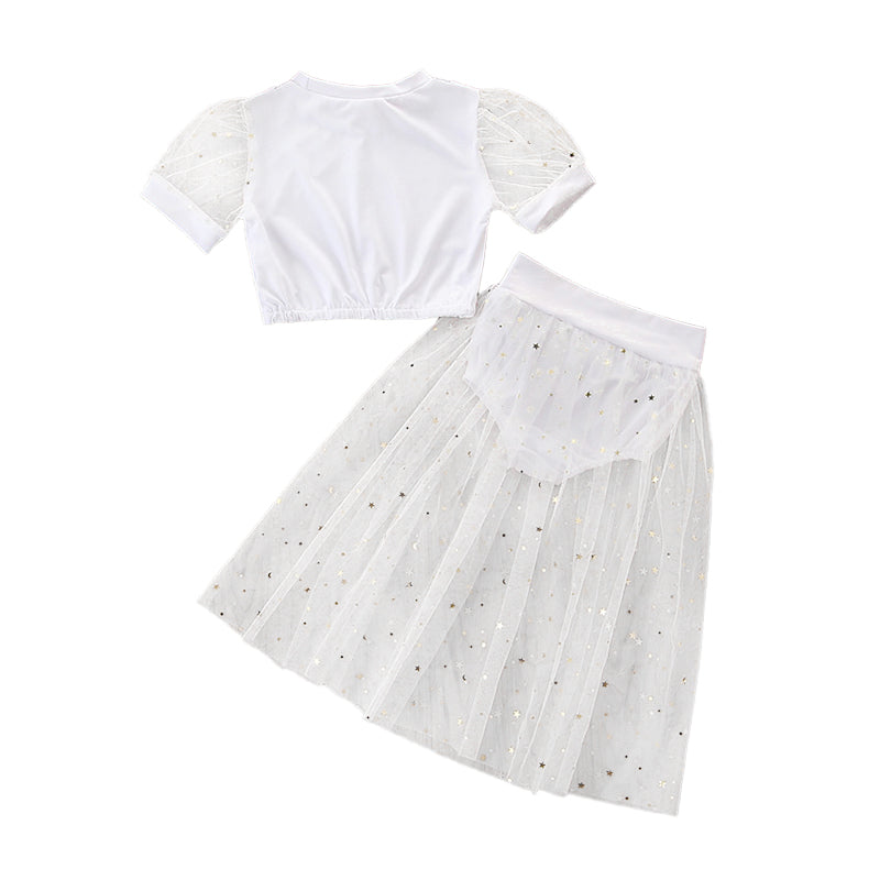 Girls White Printed Top with Skirt