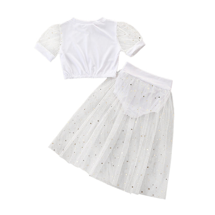Girls White Printed Top with Skirt