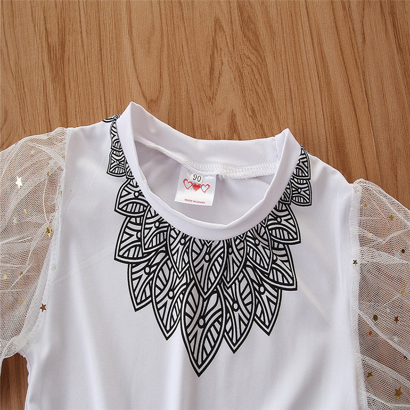 Girls White Printed Top with Skirt