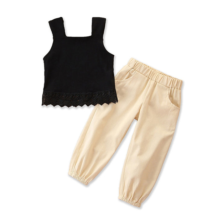 Girls Black & Cream Sleeveless Top With Trousers