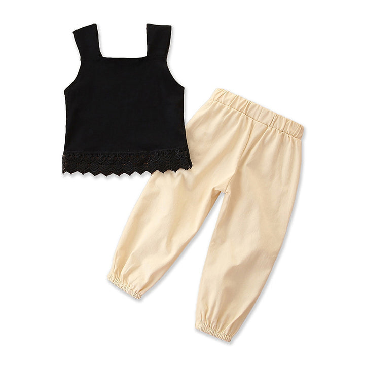 Girls Black & Cream Sleeveless Top With Trousers