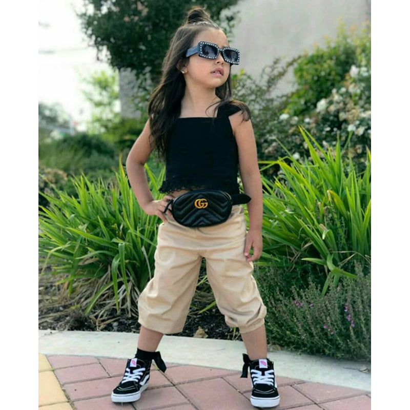 Girls Black & Cream Sleeveless Top With Trousers