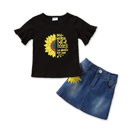 Girls Black Graphic Printed T-shirt With Skirt