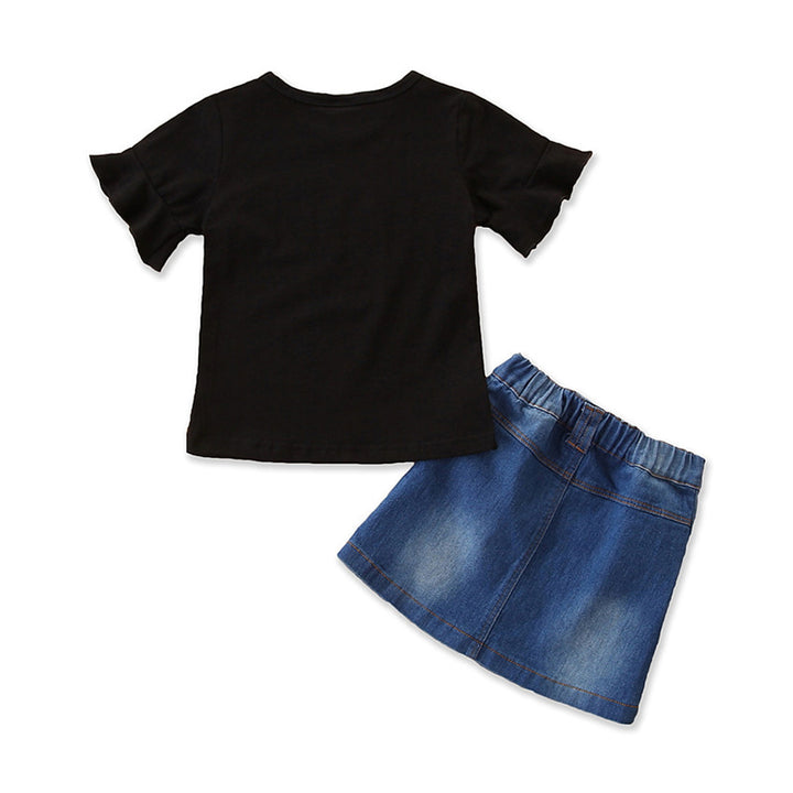 Girls Black Graphic Printed T-shirt With Skirt