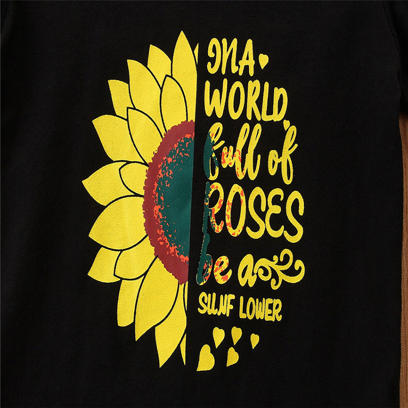 Girls Black Graphic Printed T-shirt With Skirt