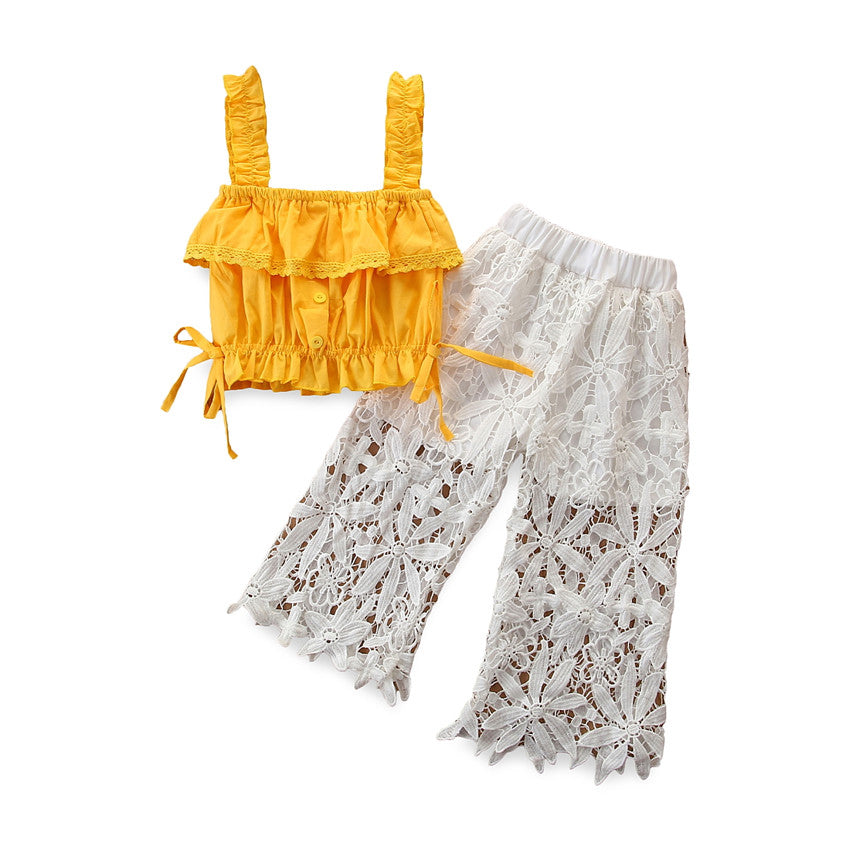 Girls Yellow Self Design Top With Palazzos