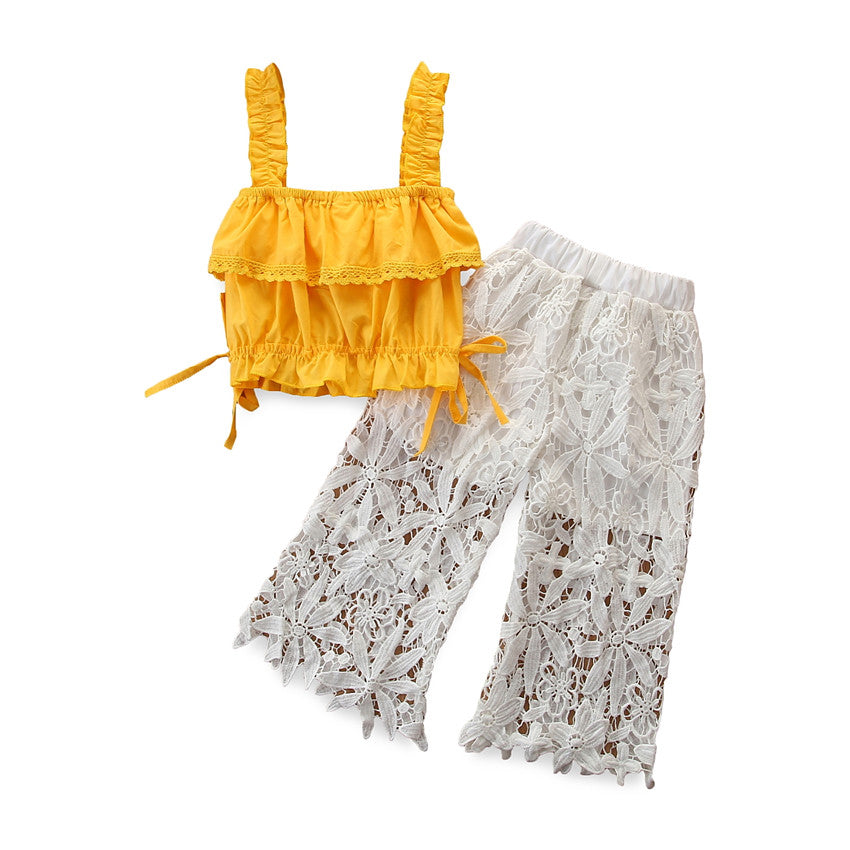 Girls Yellow Self Design Top With Palazzos