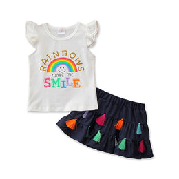 Girls White & Navy Blue Graphic Printed Top With Self Design Skirt