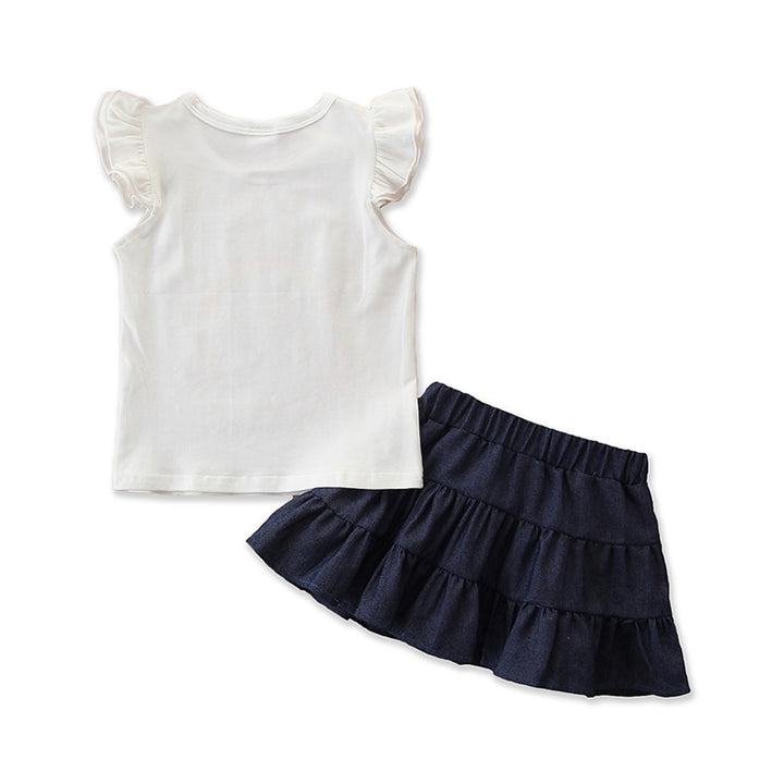 Girls White & Navy Blue Graphic Printed Top With Self Design Skirt
