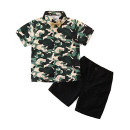 Boys Green Printed Shirt & Shorts with Bow