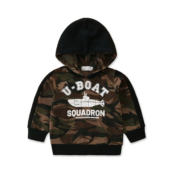 Boys Beige Camouflage Printed Hood Cotton Sweatshirt