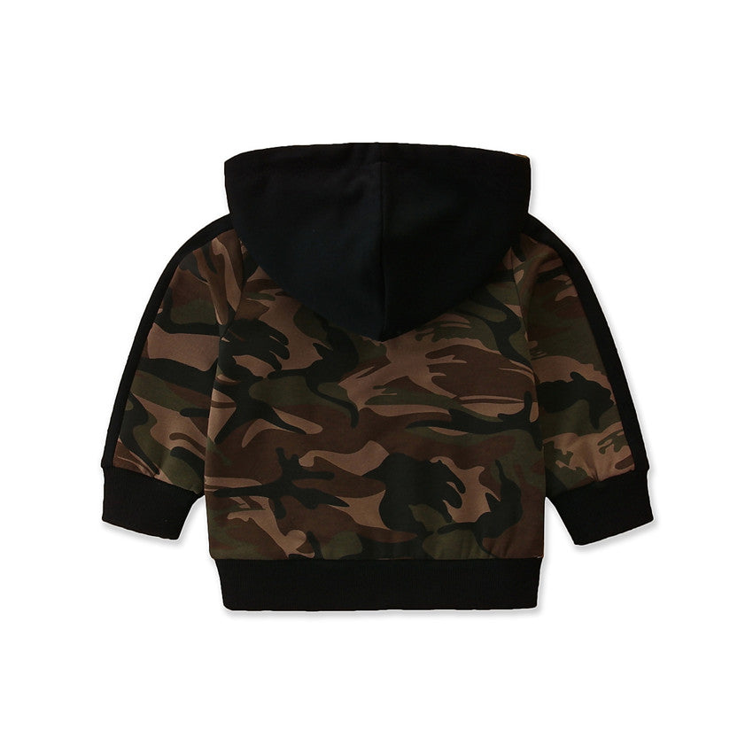 Boys Beige Camouflage Printed Hood Cotton Sweatshirt