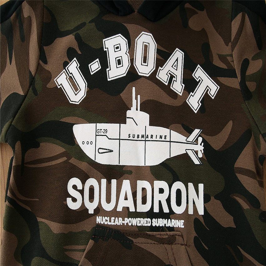 Boys Beige Camouflage Printed Hood Cotton Sweatshirt